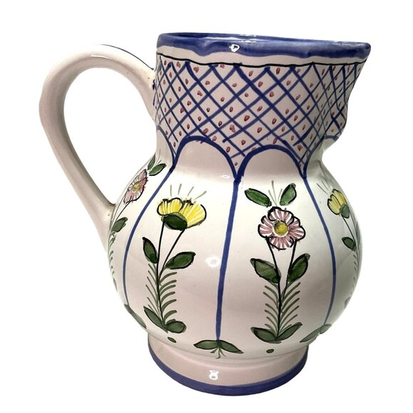 VTG HAND PAINTED WHITE FLORAL PORTUGUESE WATER PITCHER JUG FFA MALVEIRA MARQUES